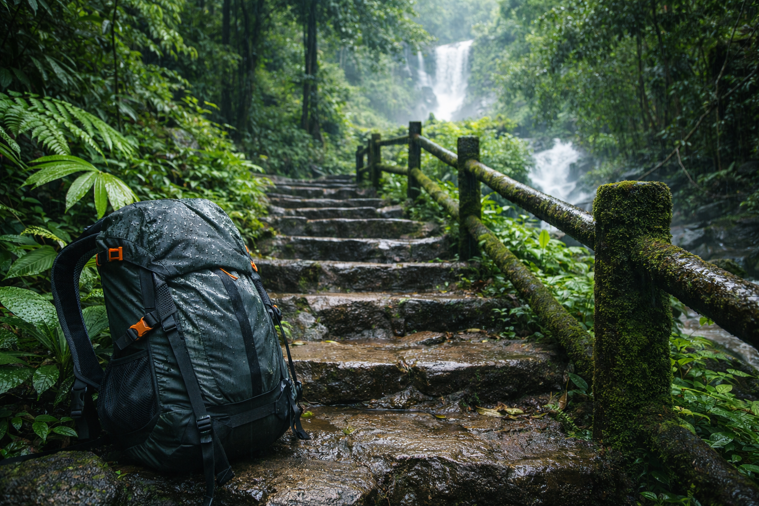 Waterfall hike steps backpack